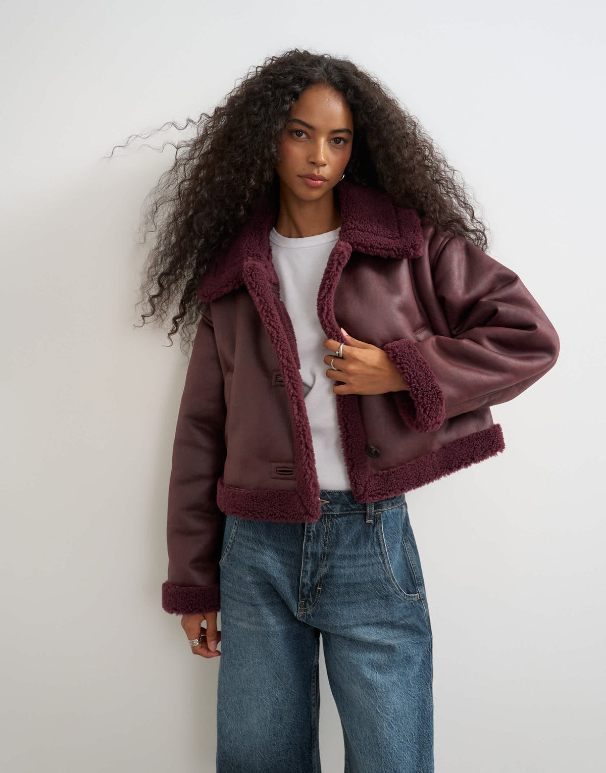 Topshop cropped shearling jacket in burgundy