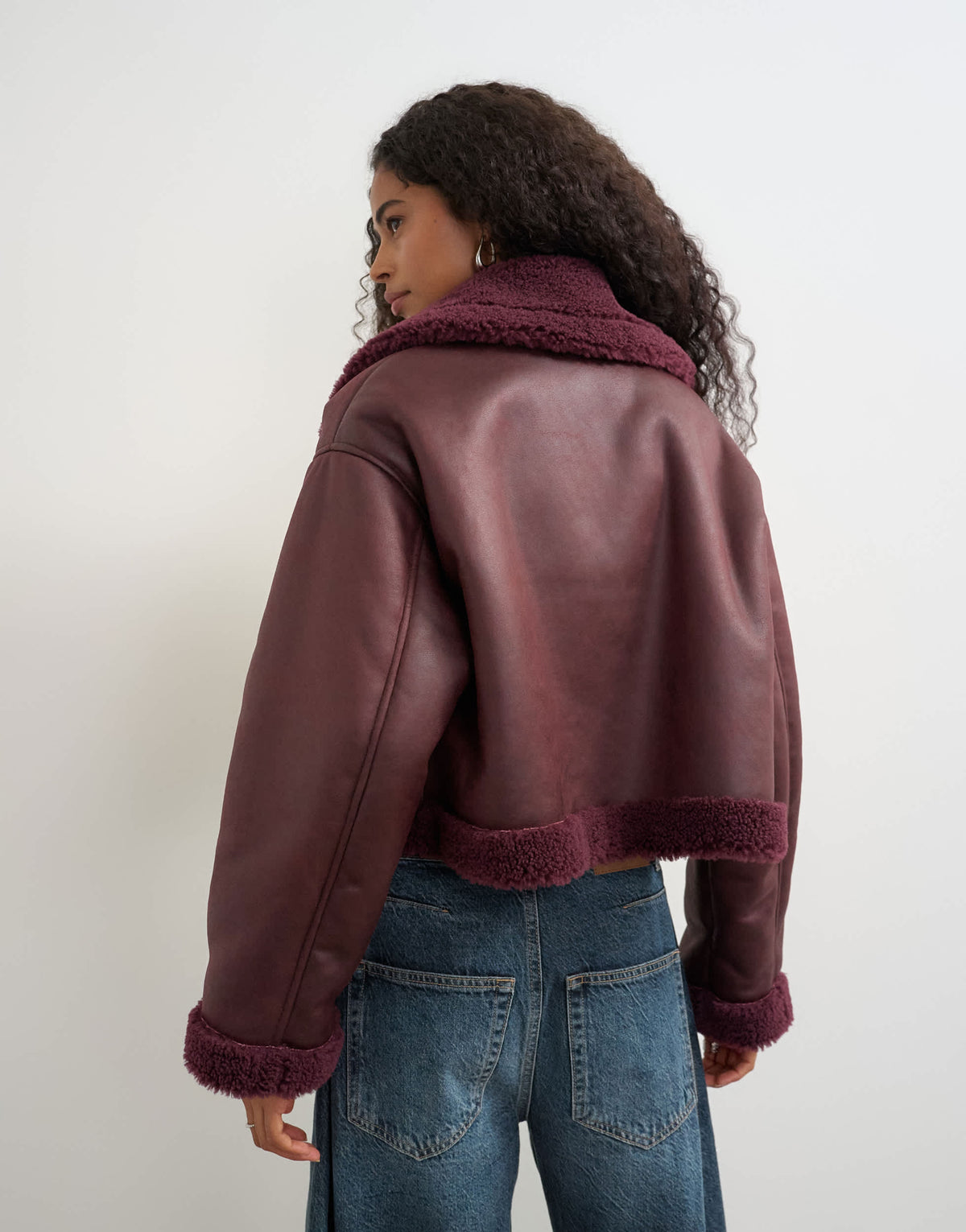 Topshop cropped shearling jacket in burgundy