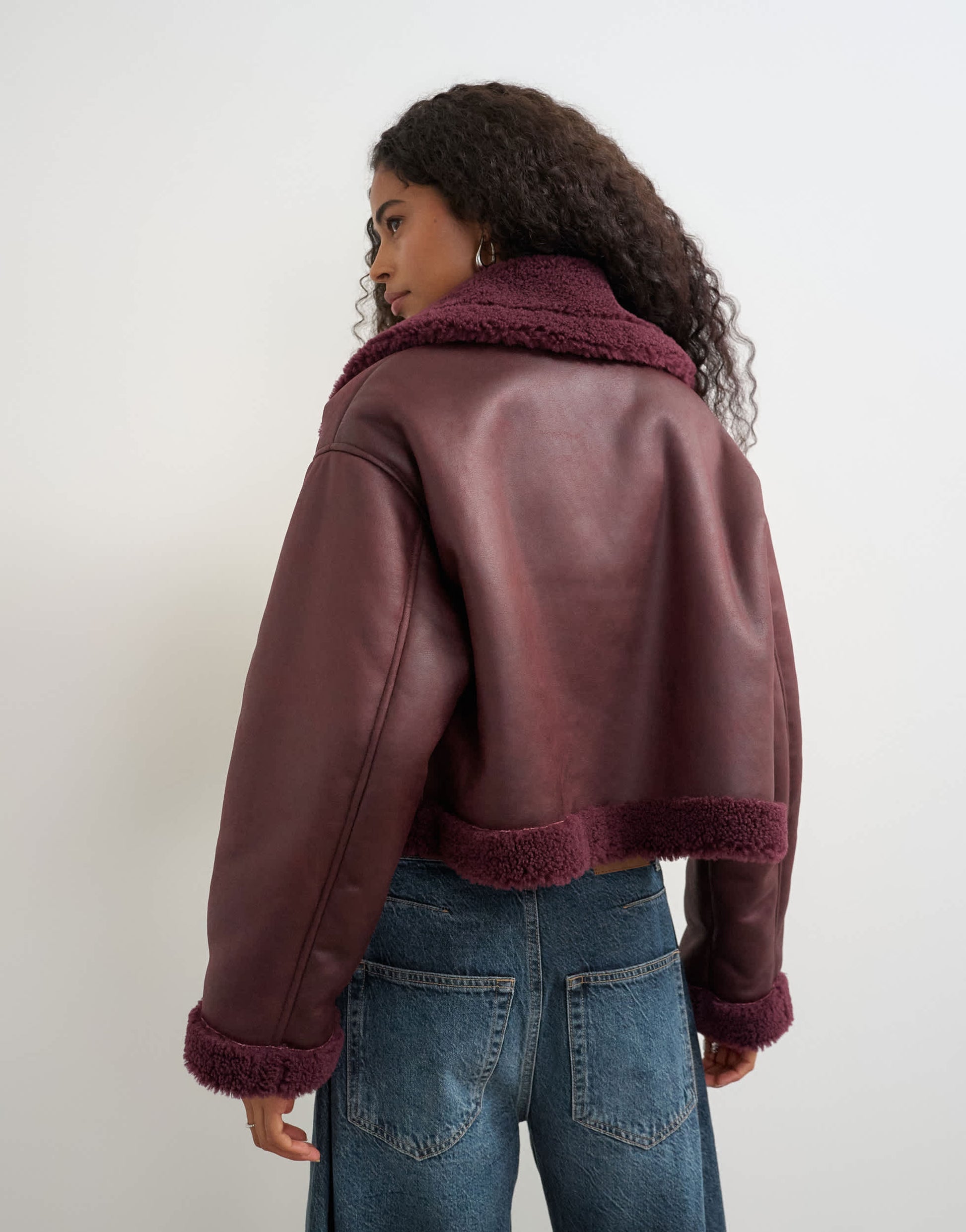Topshop cropped shearling jacket in burgundy