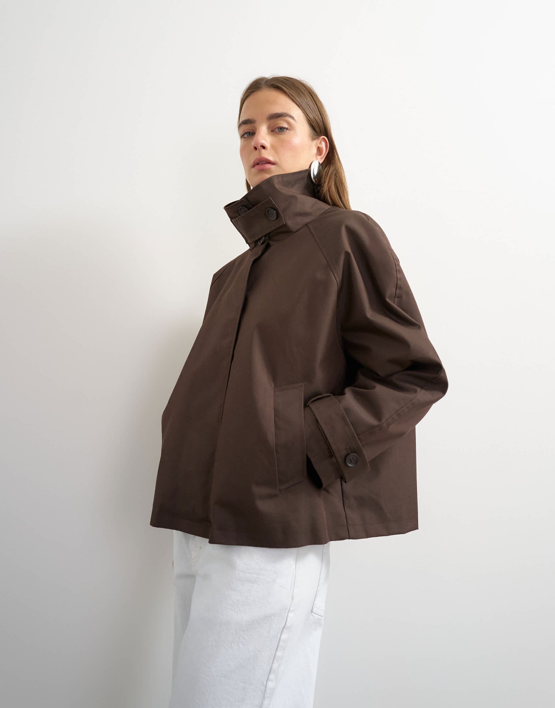Topshop funnel neck cropped trench coat in chocolate