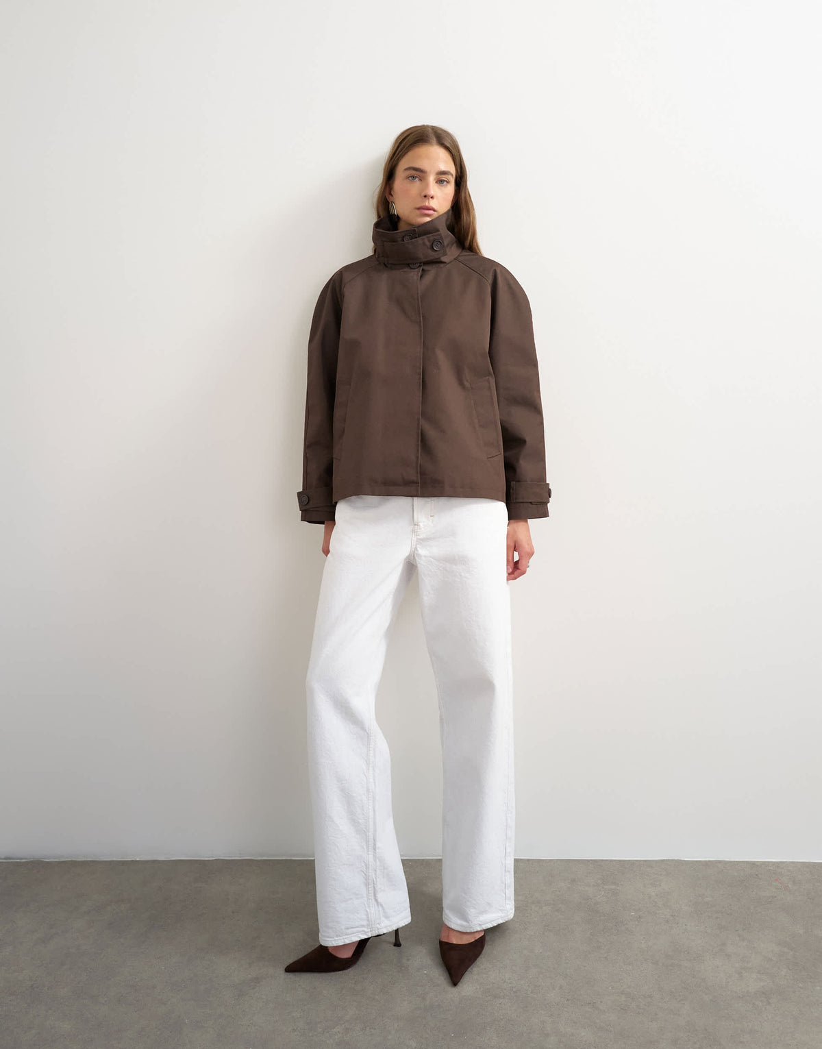 Topshop funnel neck cropped trench coat in chocolate