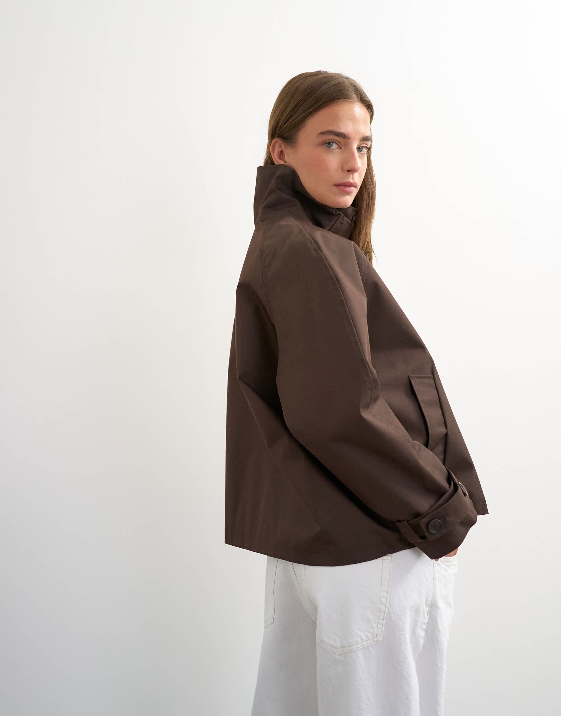 Topshop funnel neck cropped trench coat in chocolate