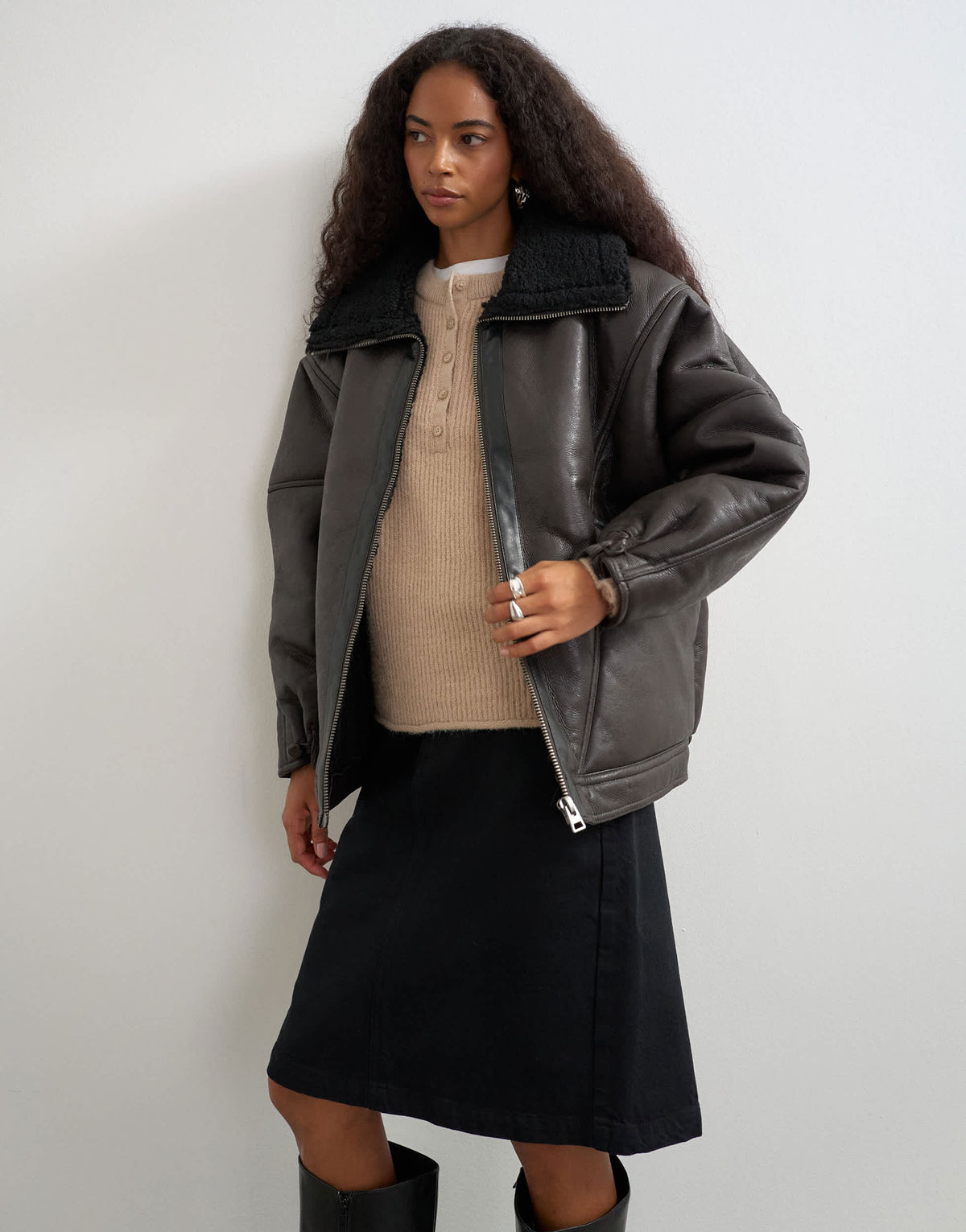Topshop ovoid shearling jacket in brown