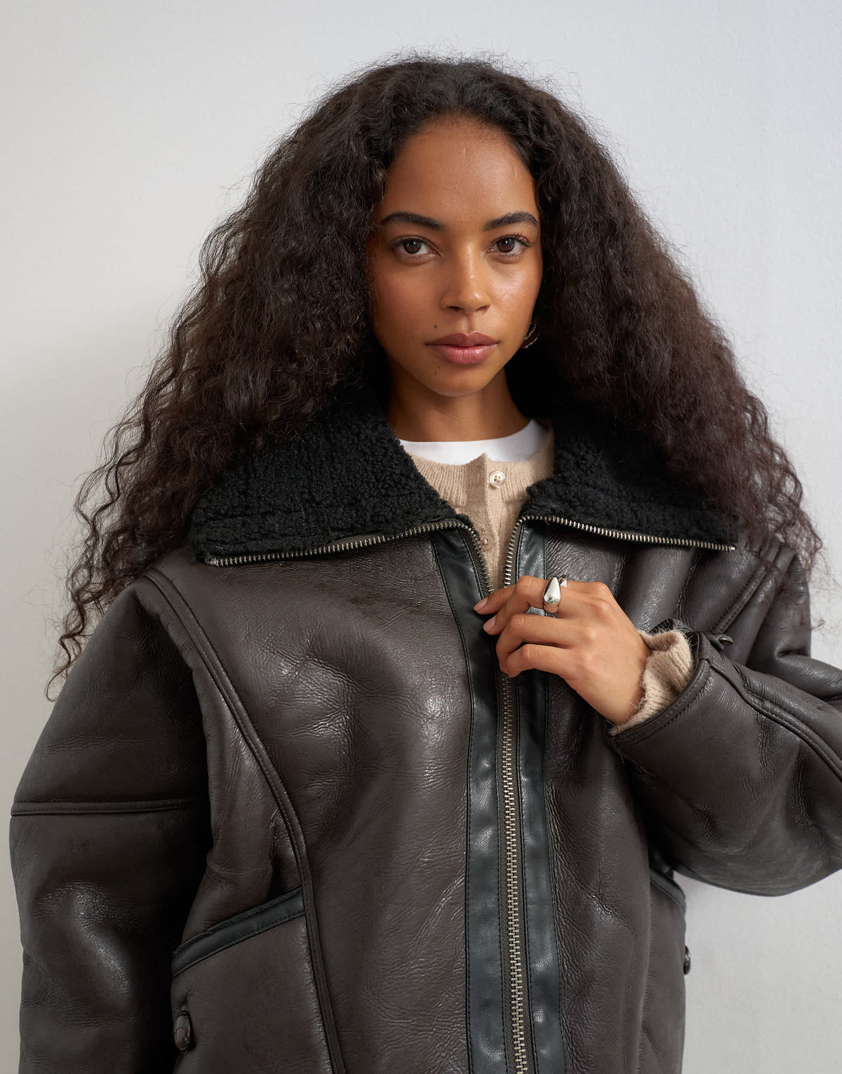 Topshop ovoid shearling jacket in brown