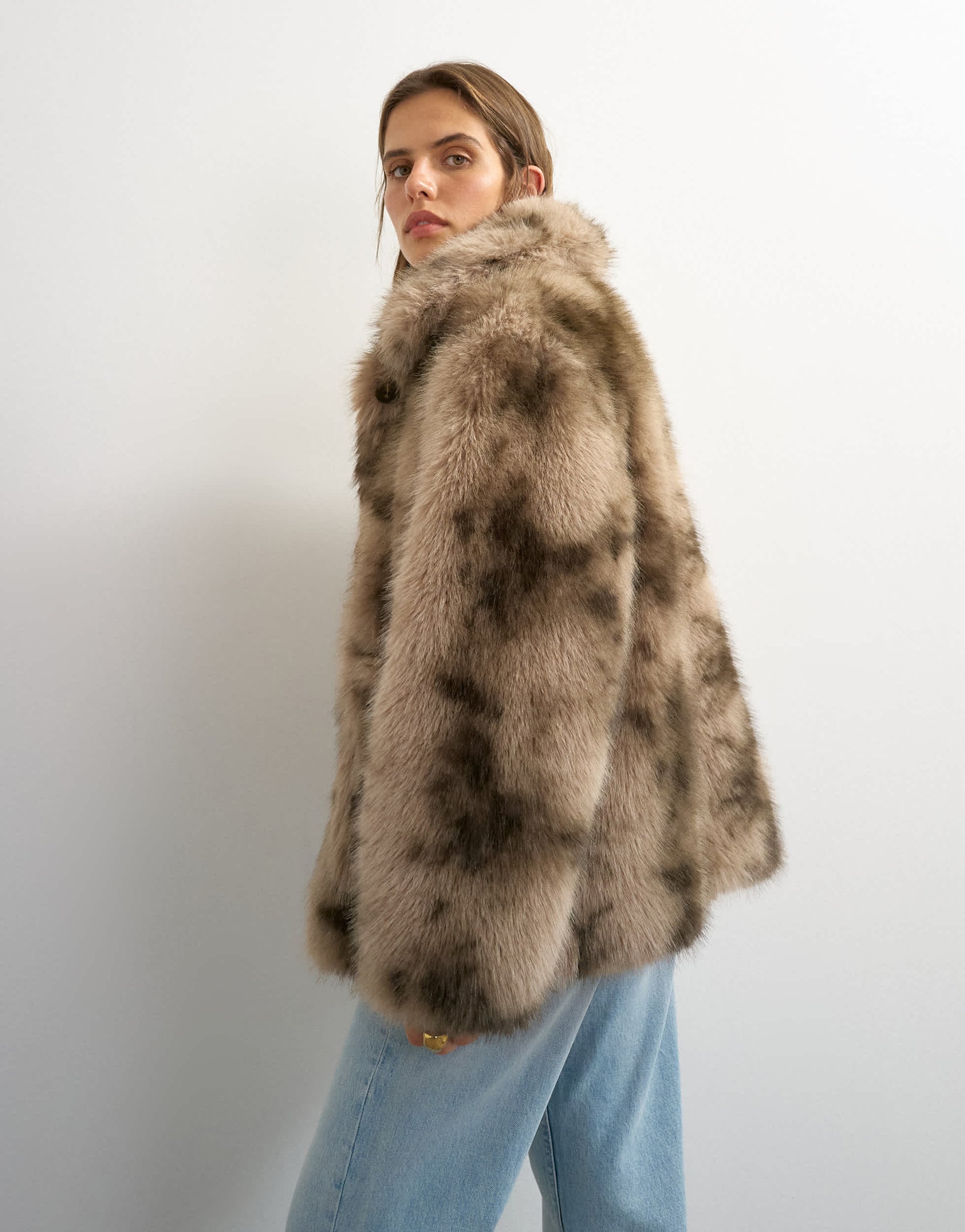 Topshop mid length faux fur jacket in brown speckle