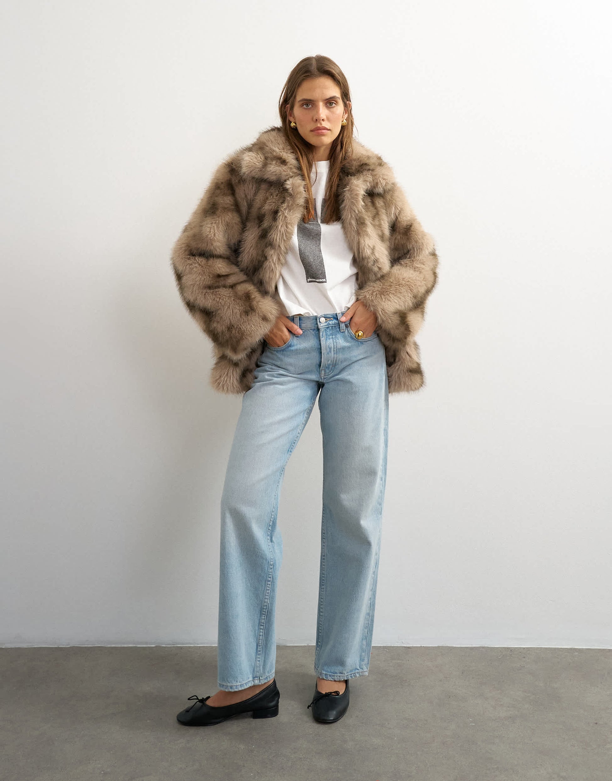 Topshop mid length faux fur jacket in brown speckle