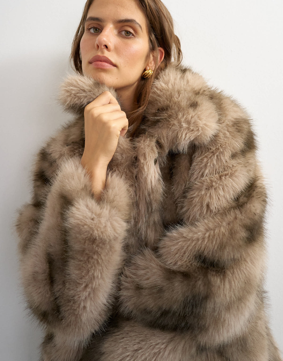 Topshop mid length faux fur jacket in brown speckle
