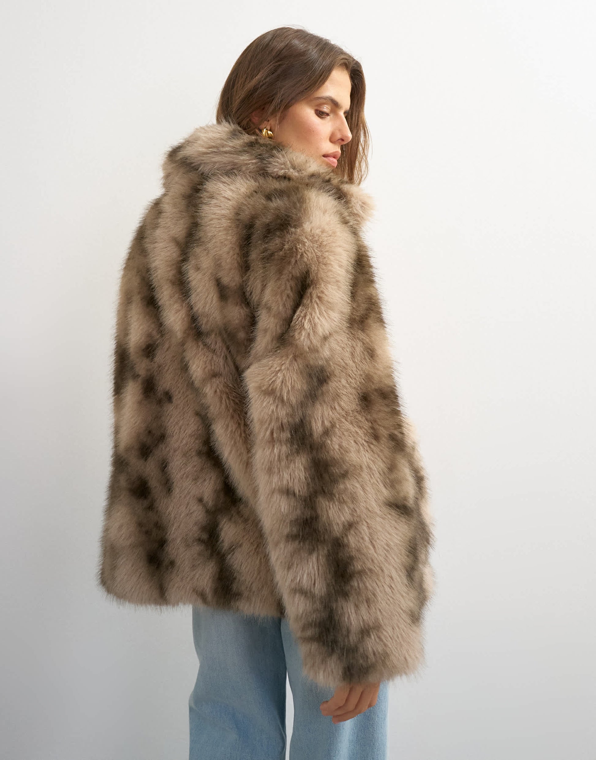 Topshop mid length faux fur jacket in brown speckle