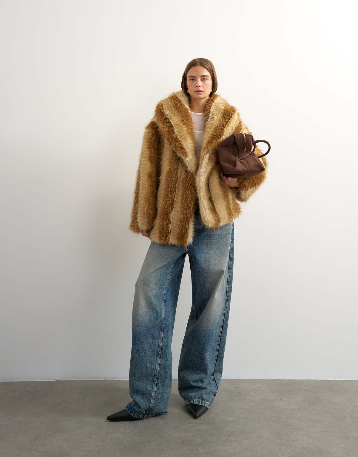 Topshop faux fur mid length coat in brown