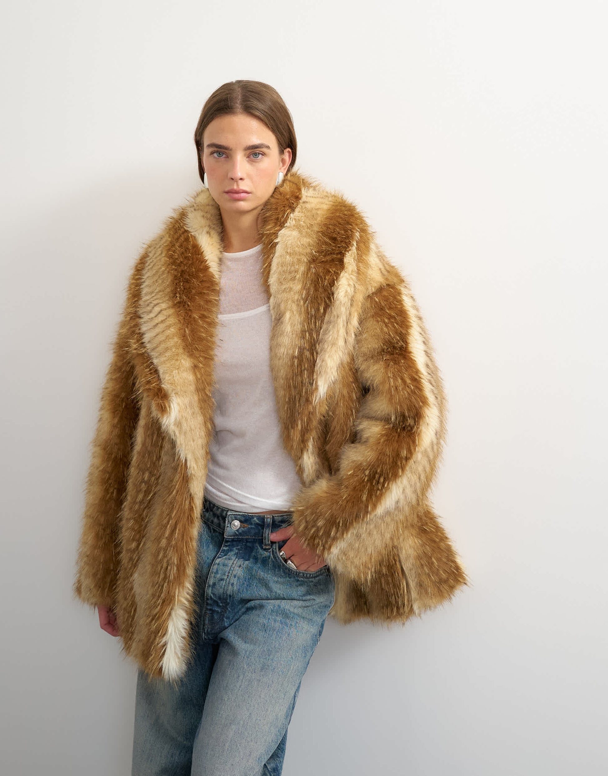 Topshop faux fur mid length coat in brown