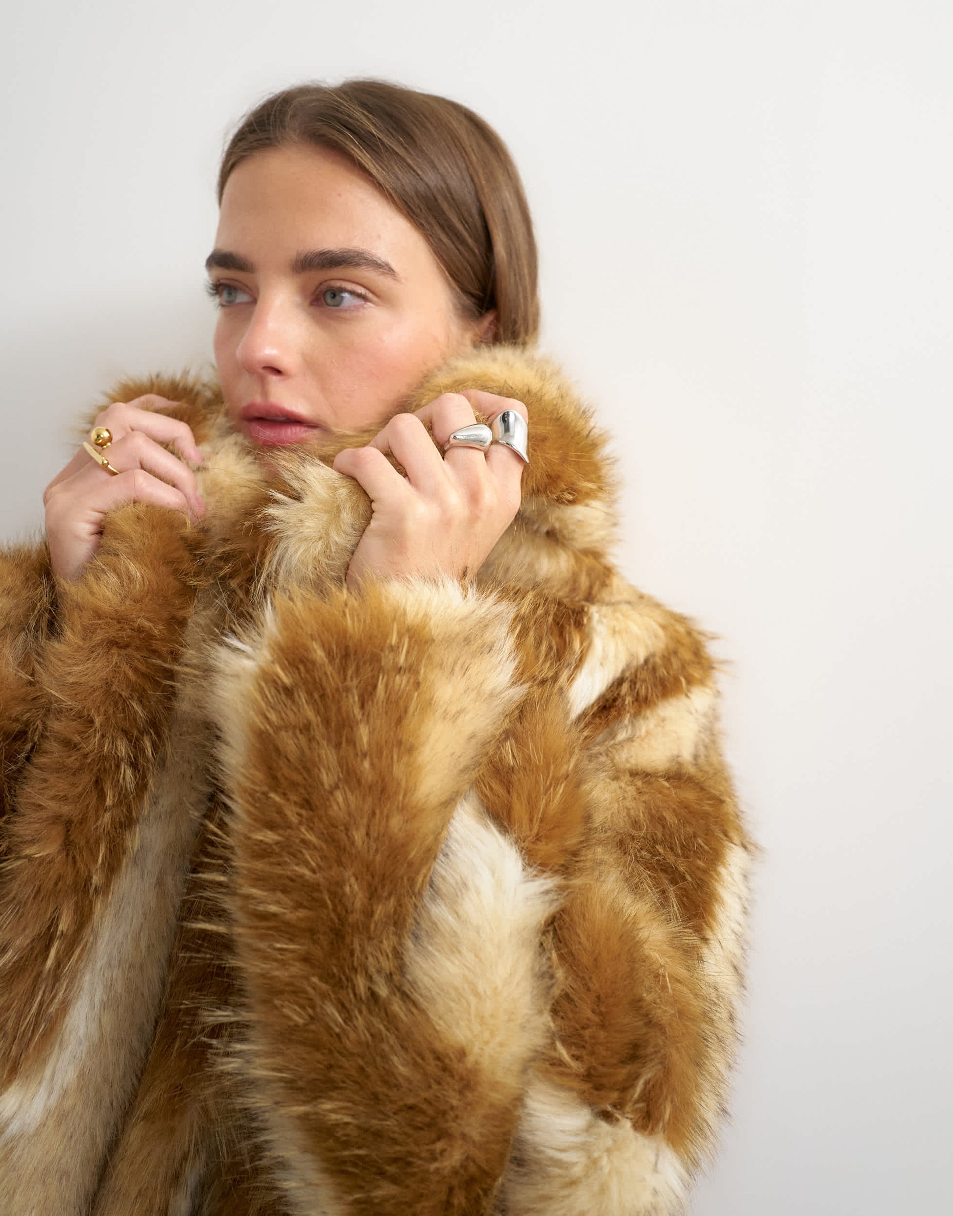 Topshop faux fur mid length coat in brown
