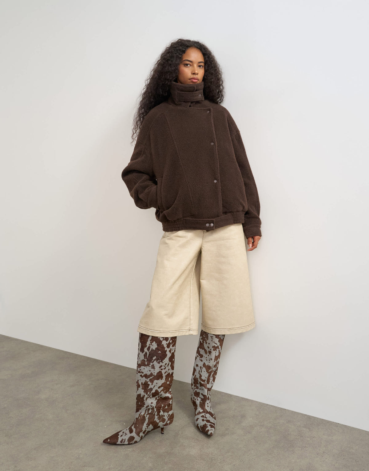 Topshop funnel neck wool belted bomber jacket in chocolate