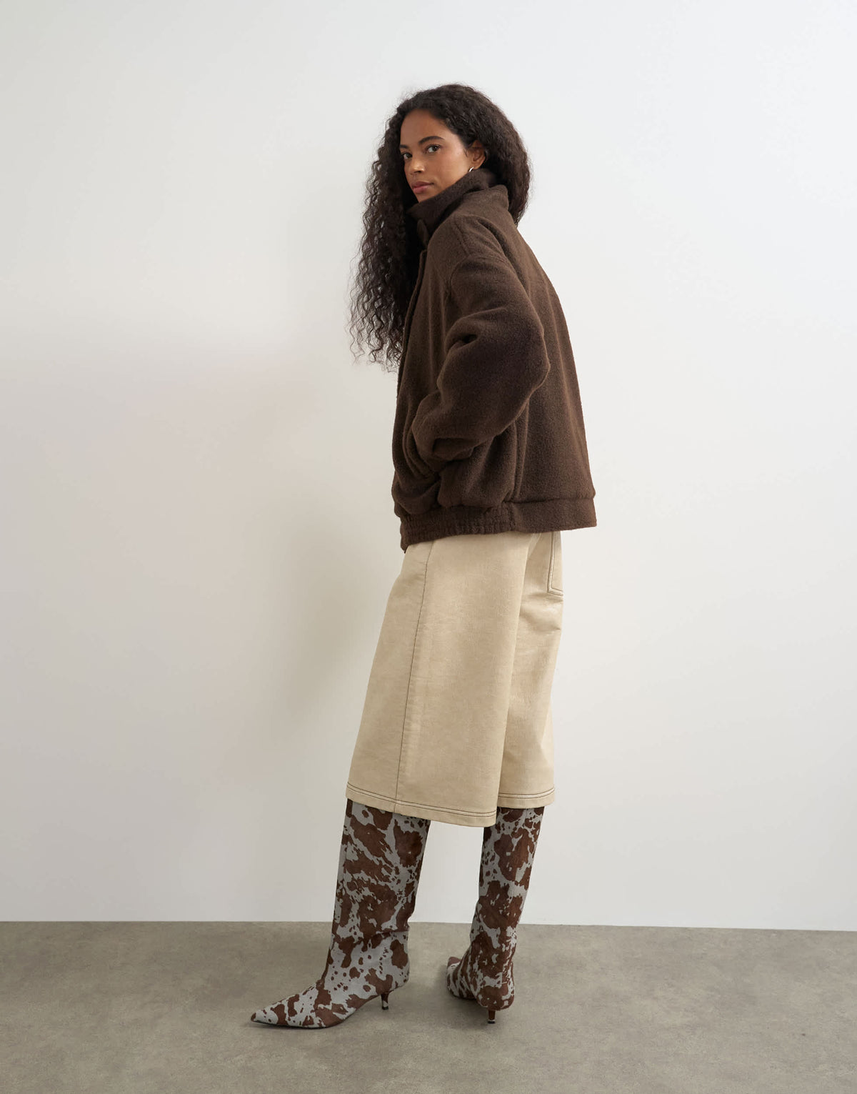 Topshop funnel neck wool belted bomber jacket in chocolate