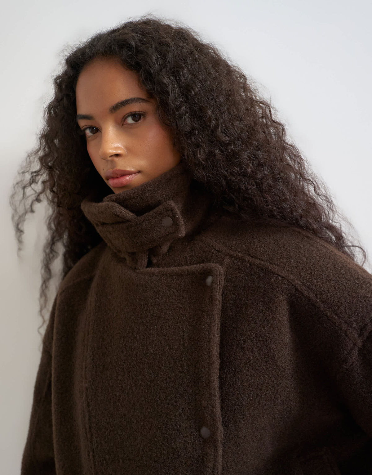 Topshop funnel neck wool belted bomber jacket in chocolate