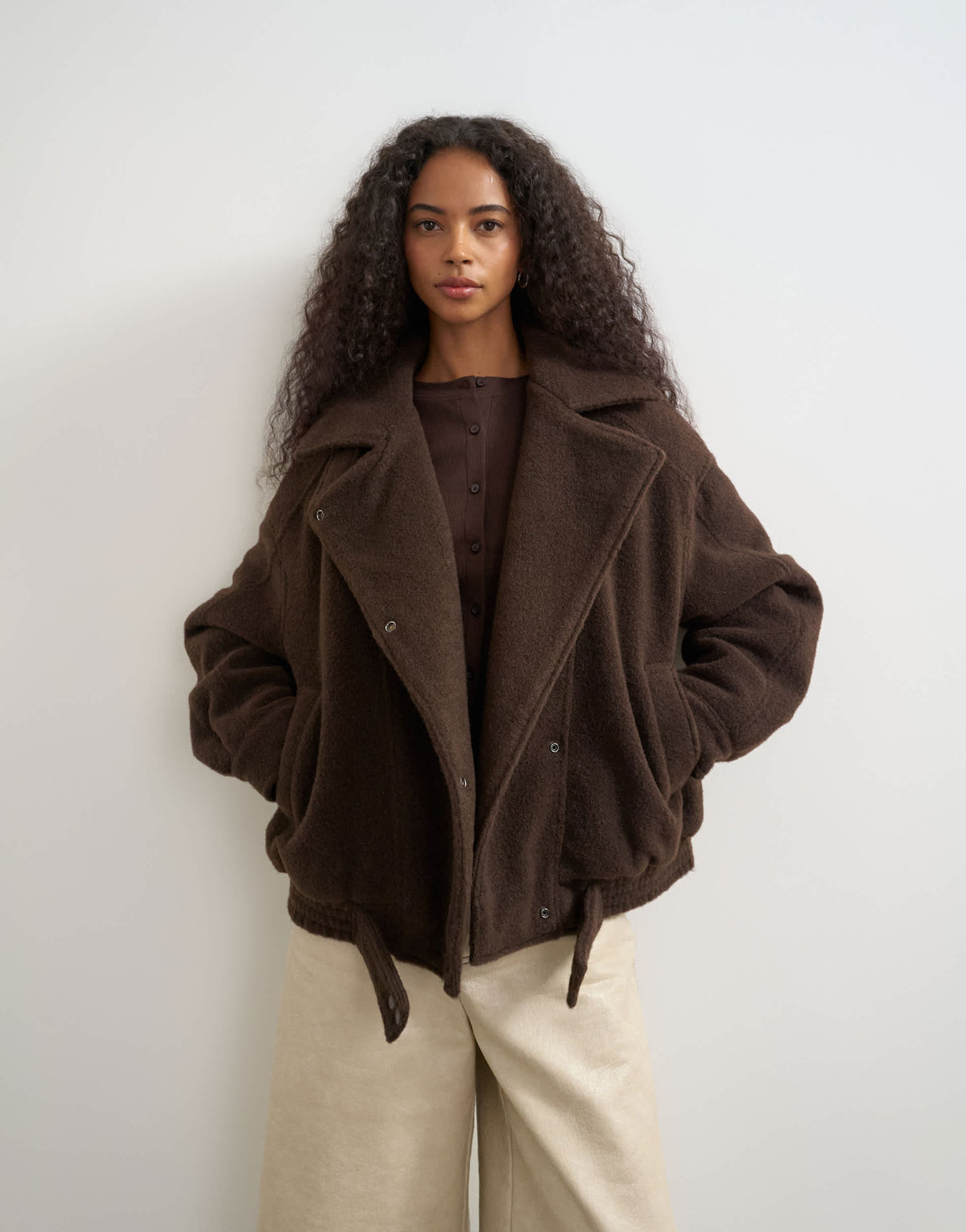 Topshop funnel neck wool belted bomber jacket in chocolate