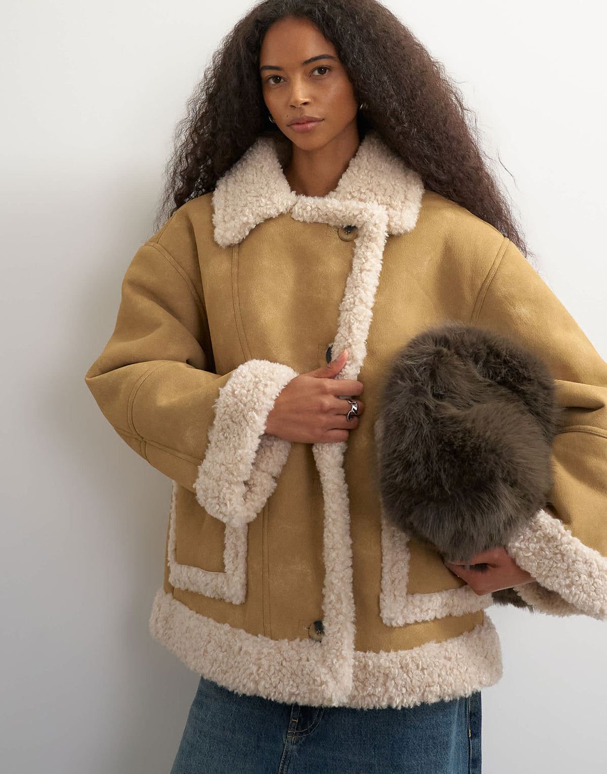 Topshop faux shearling jacket in camel