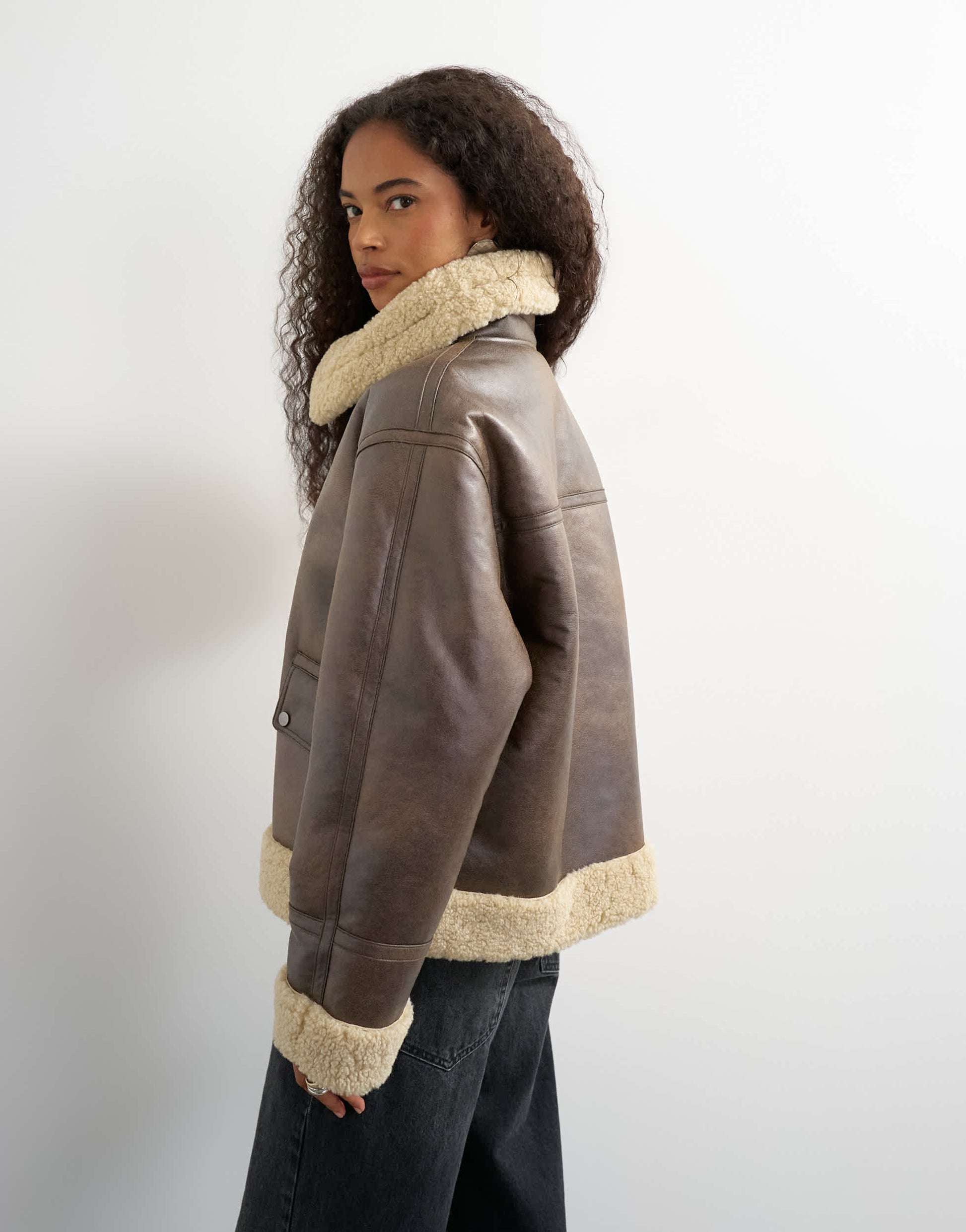 Topshop oversized faux shearling aviator in brown