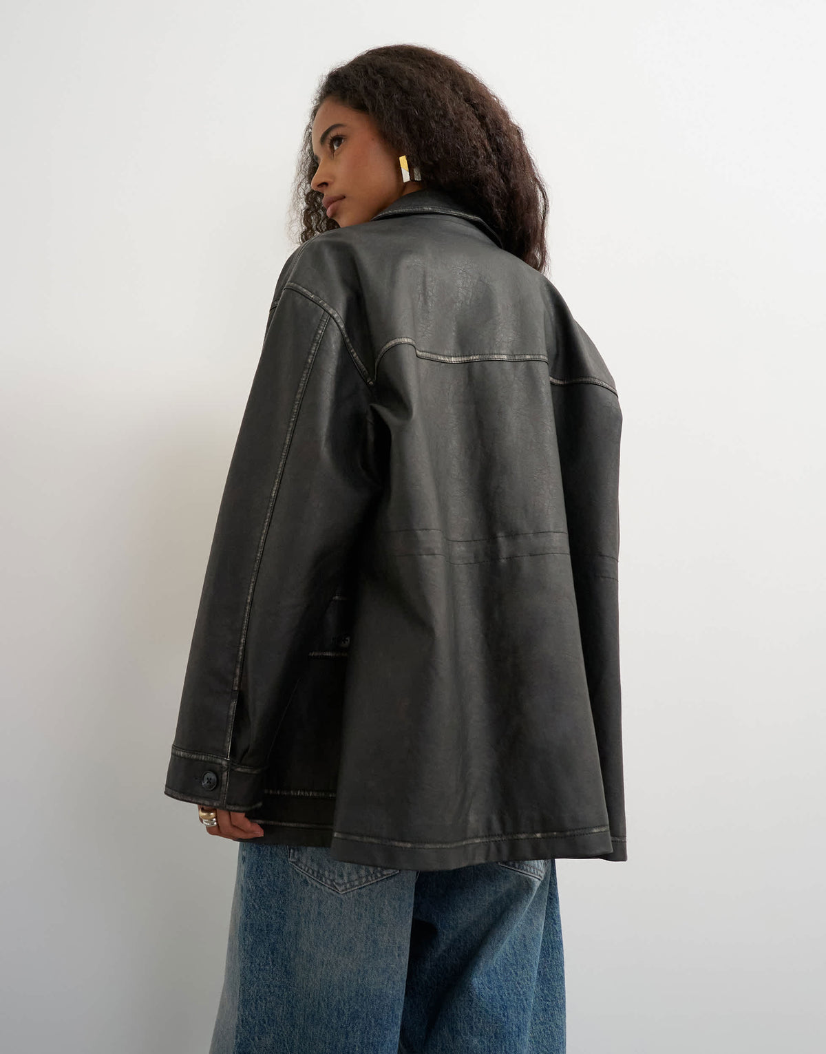 Topshop faux leather cinch waist jacket in black