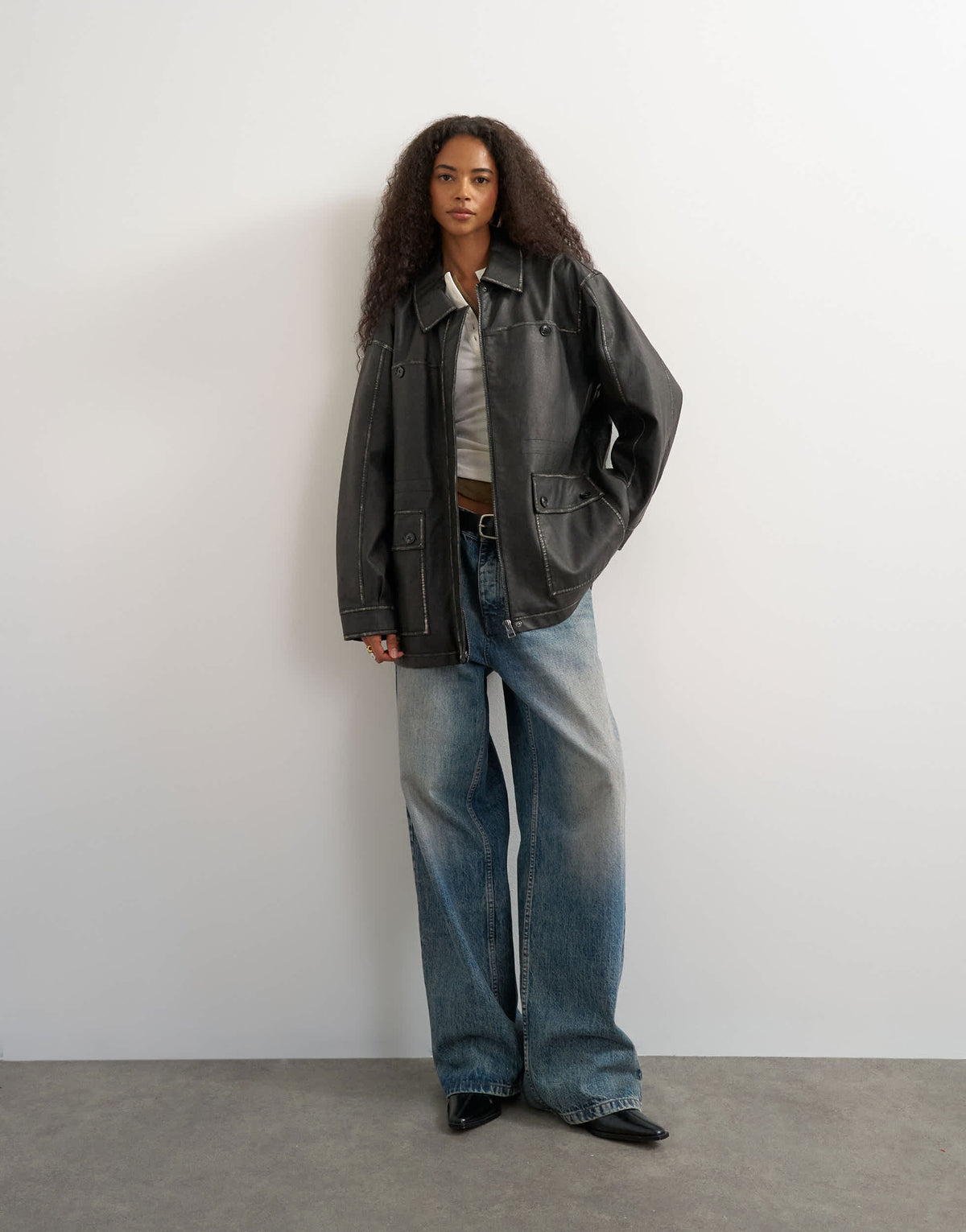 Topshop faux leather cinch waist jacket in black