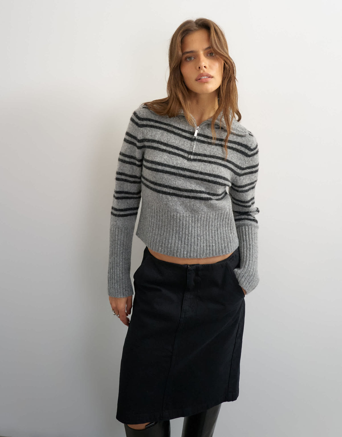 Topshop knitted stripe half zip funnel neck jumper with wool in multi