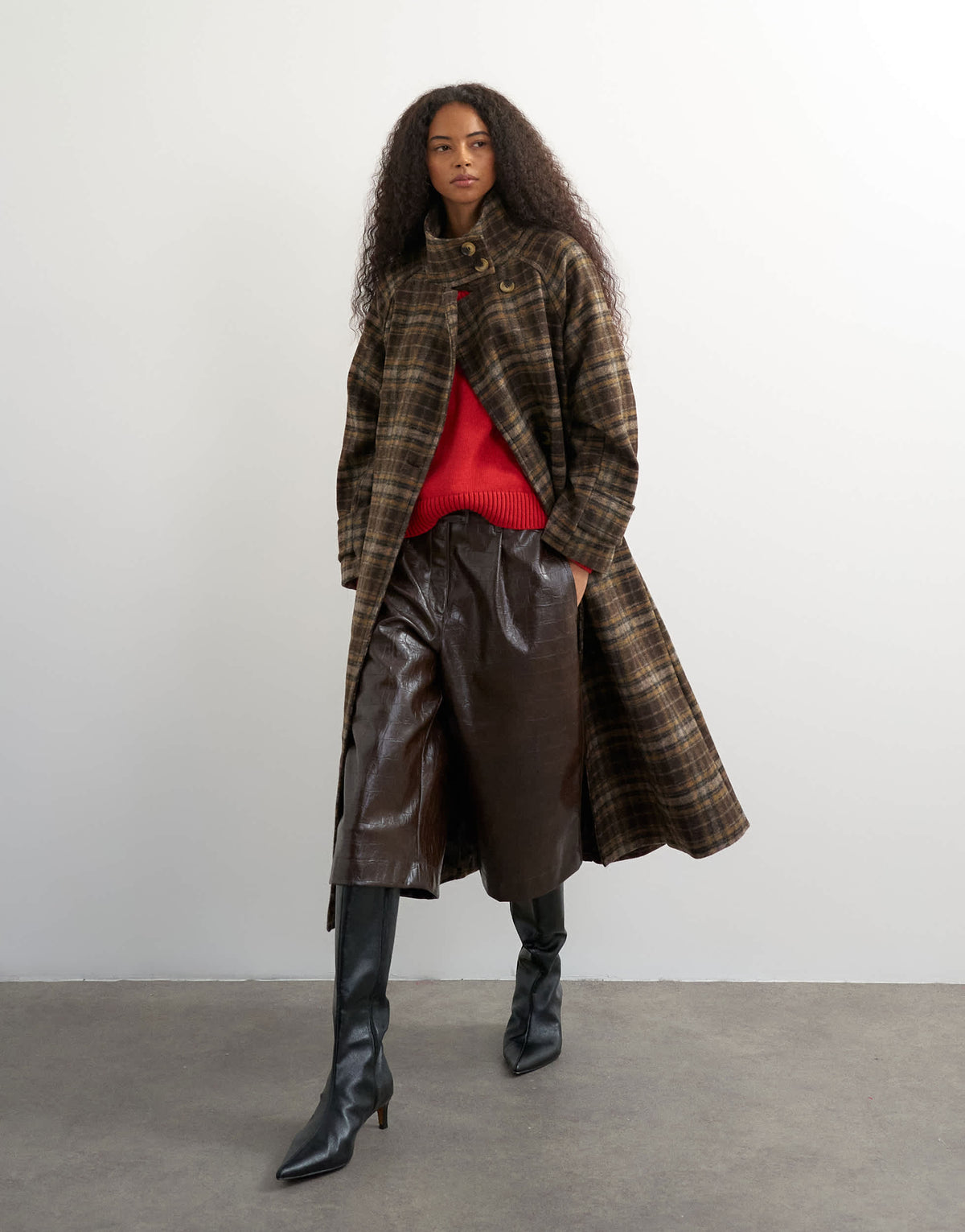 Topshop formal funnel neck longline coat in brown check