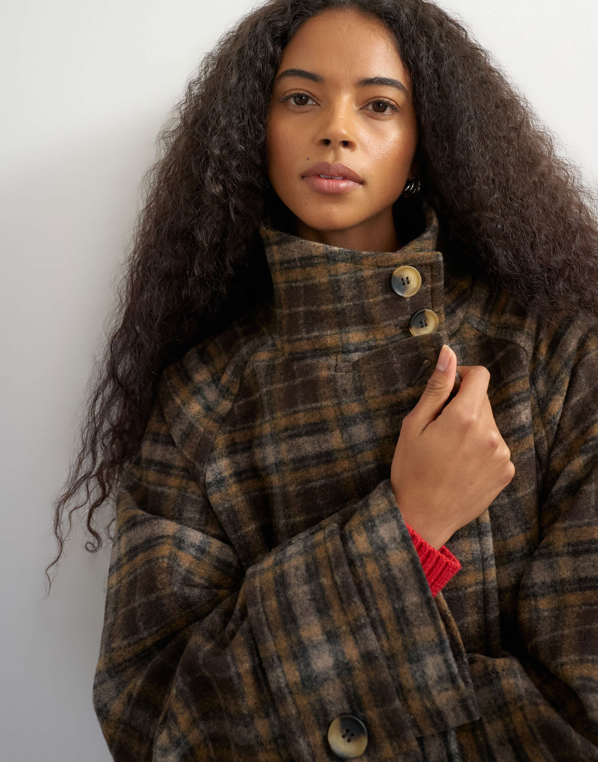 Topshop formal funnel neck longline coat in brown check