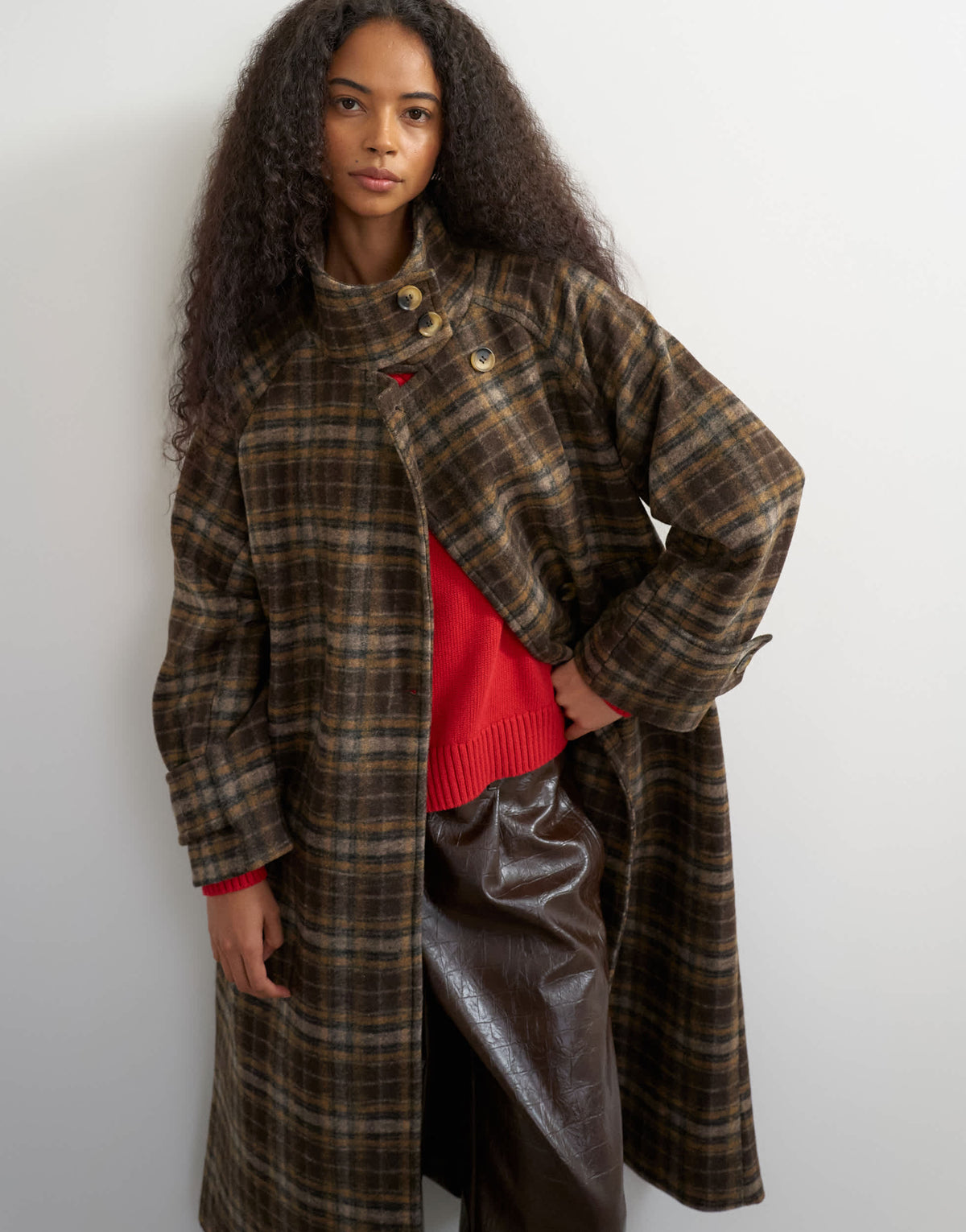 Topshop formal funnel neck longline coat in brown check
