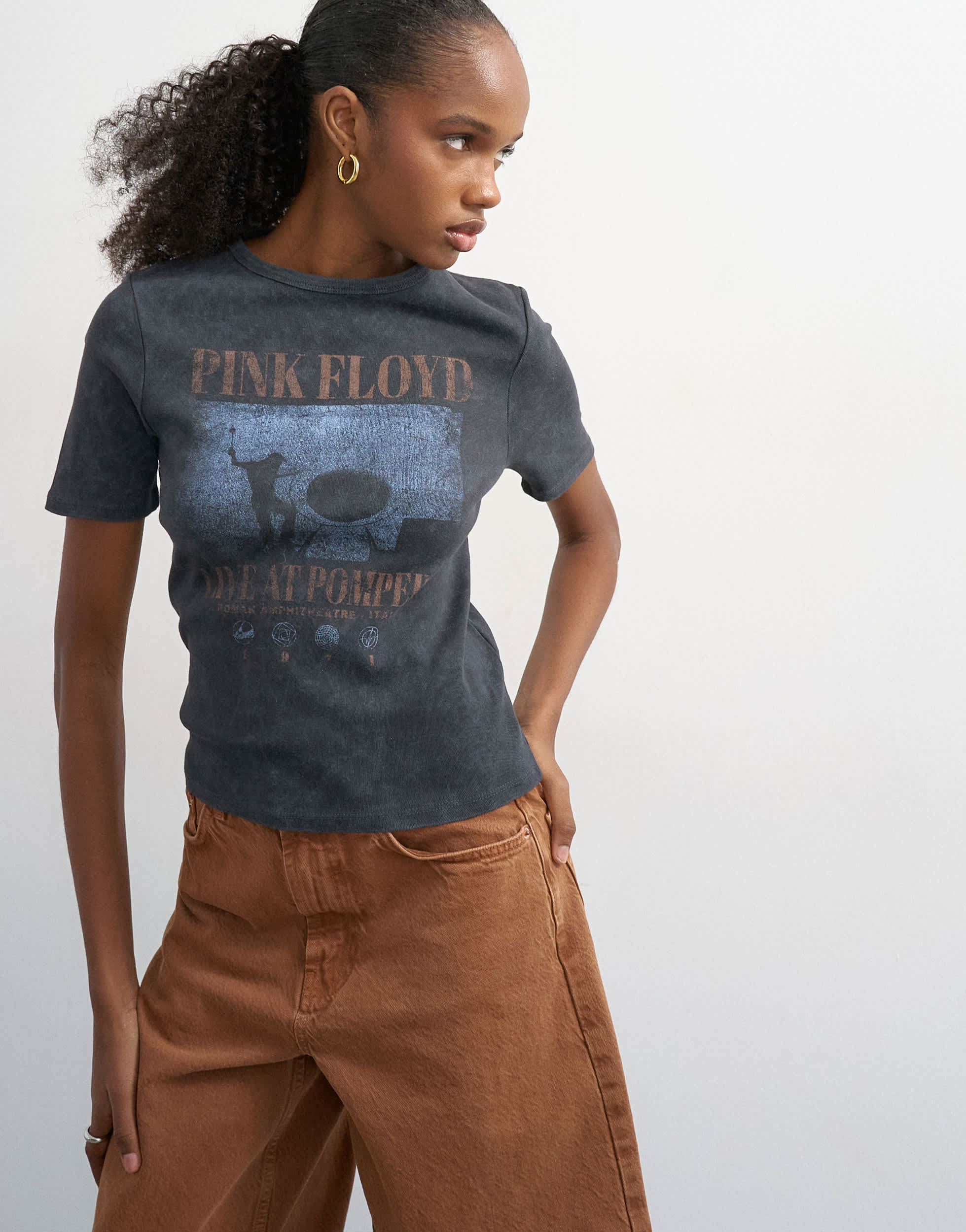 Topshop Pink Floyd license shrunken half sleeve tee in washed black
