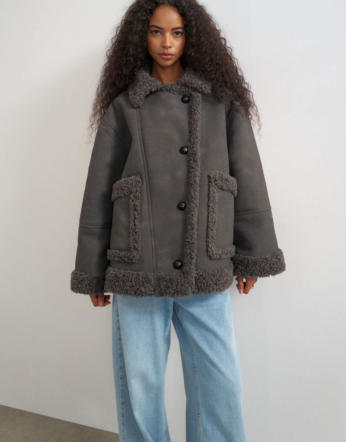 Topshop faux shearling jacket in charcoal