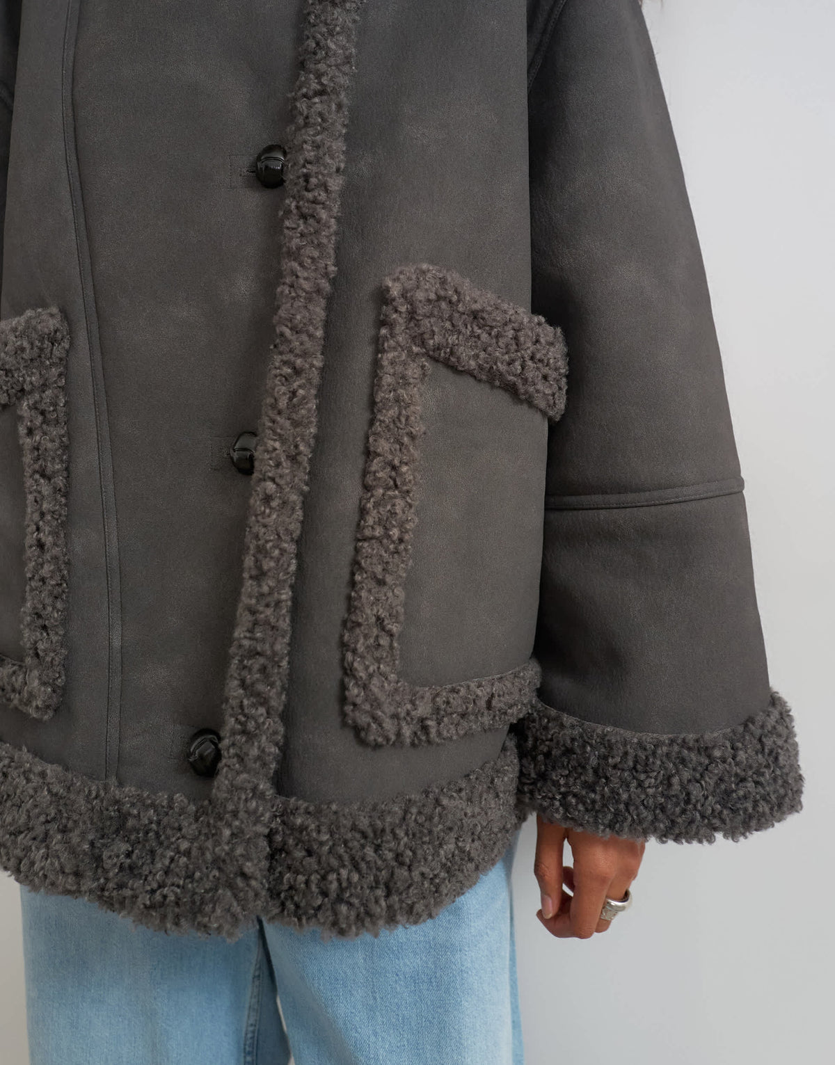 Topshop faux shearling jacket in charcoal