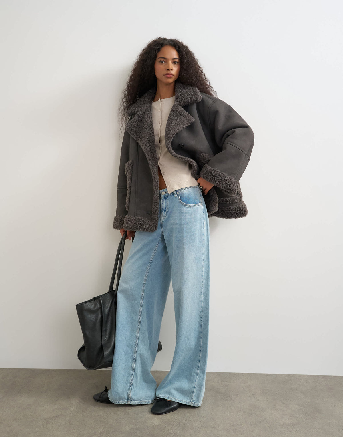 Topshop faux shearling jacket in charcoal