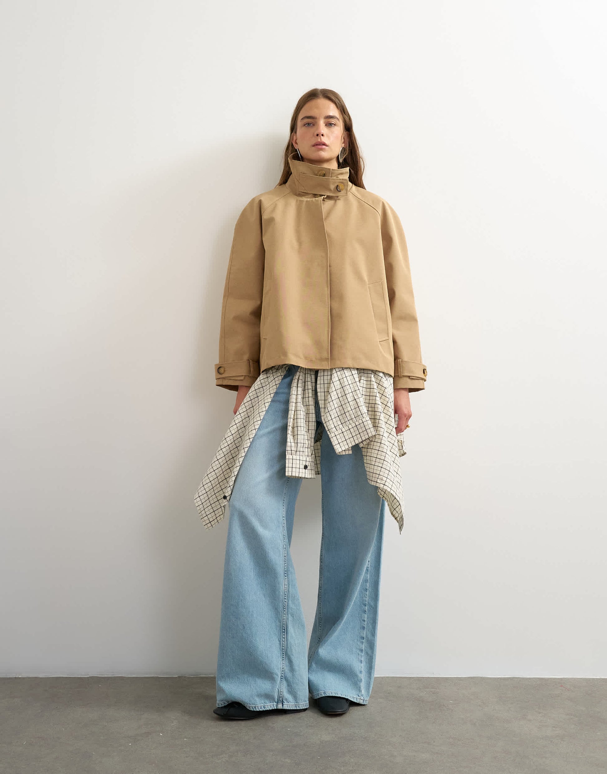 Topshop funnel neck cropped trench coat in camel