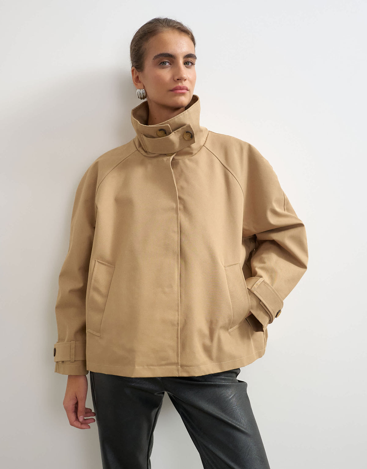 Topshop funnel neck cropped trench coat in camel