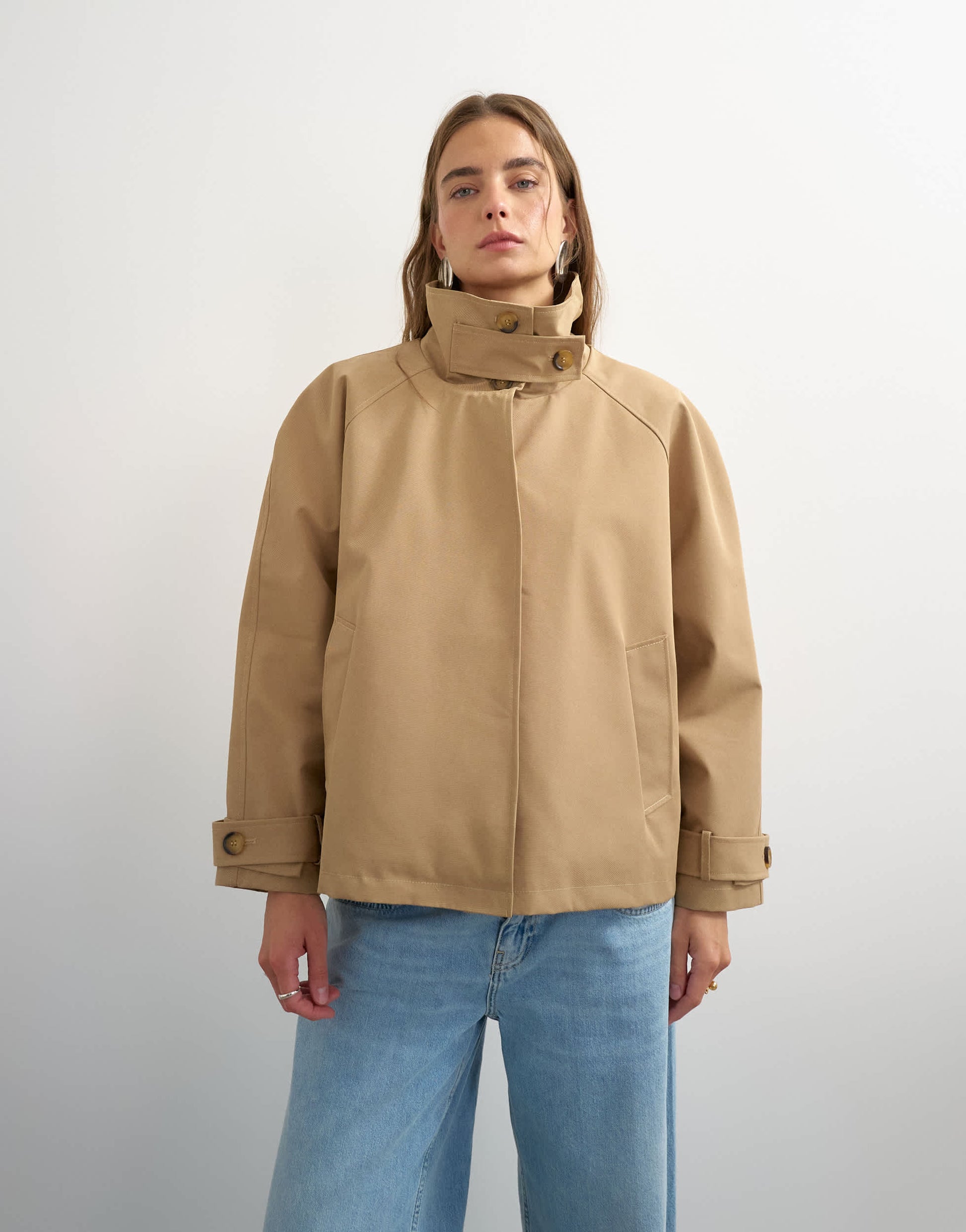 Topshop funnel neck cropped trench coat in camel