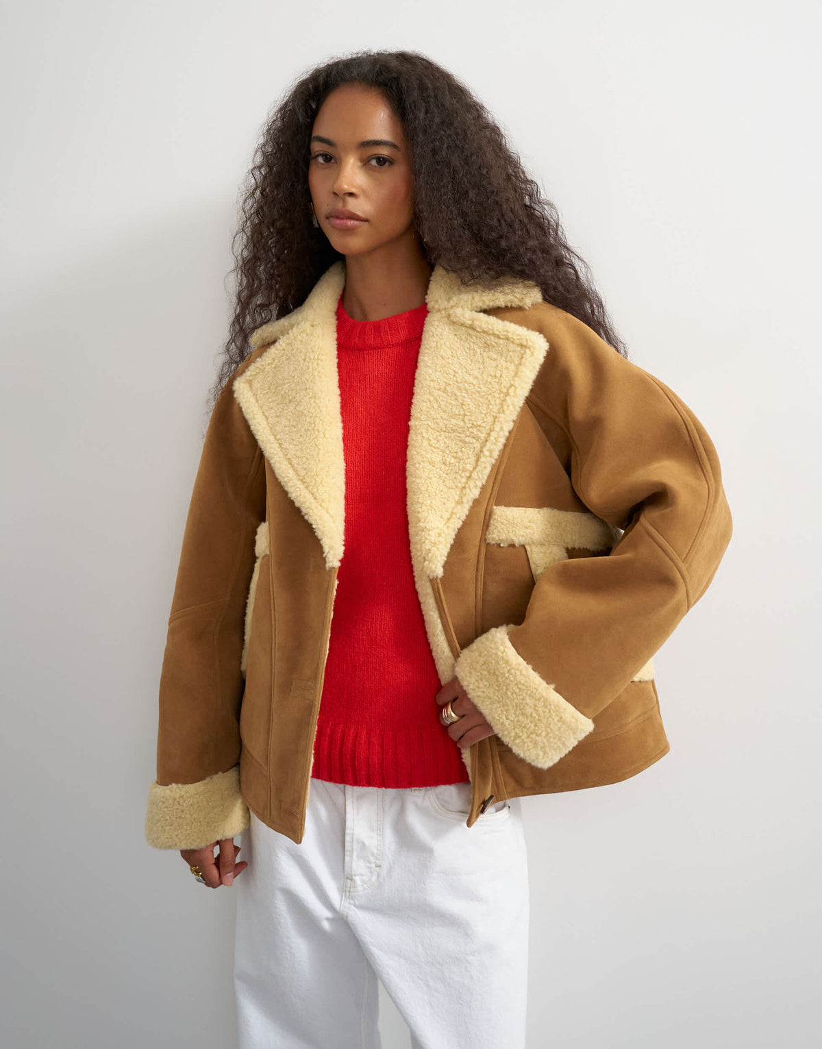 Topshop super oversized faux shearling short jacket in beige