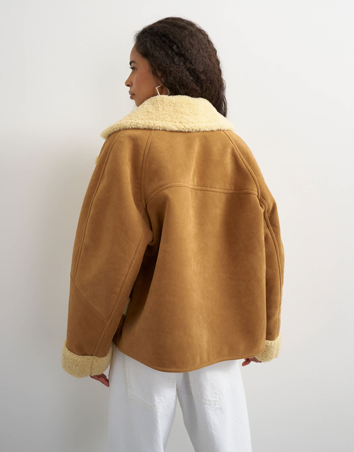 Topshop super oversized faux shearling short jacket in beige