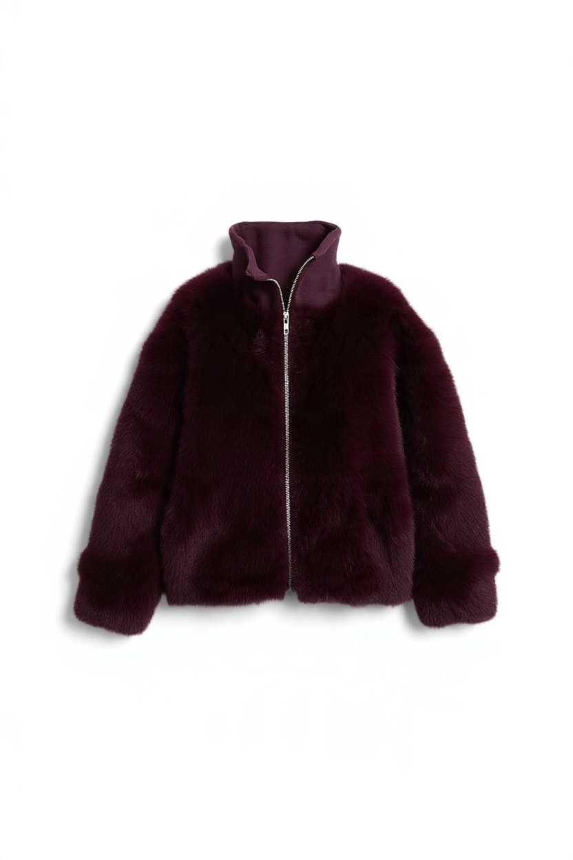 Topshop faux fur funnel neck jacket in aubergine