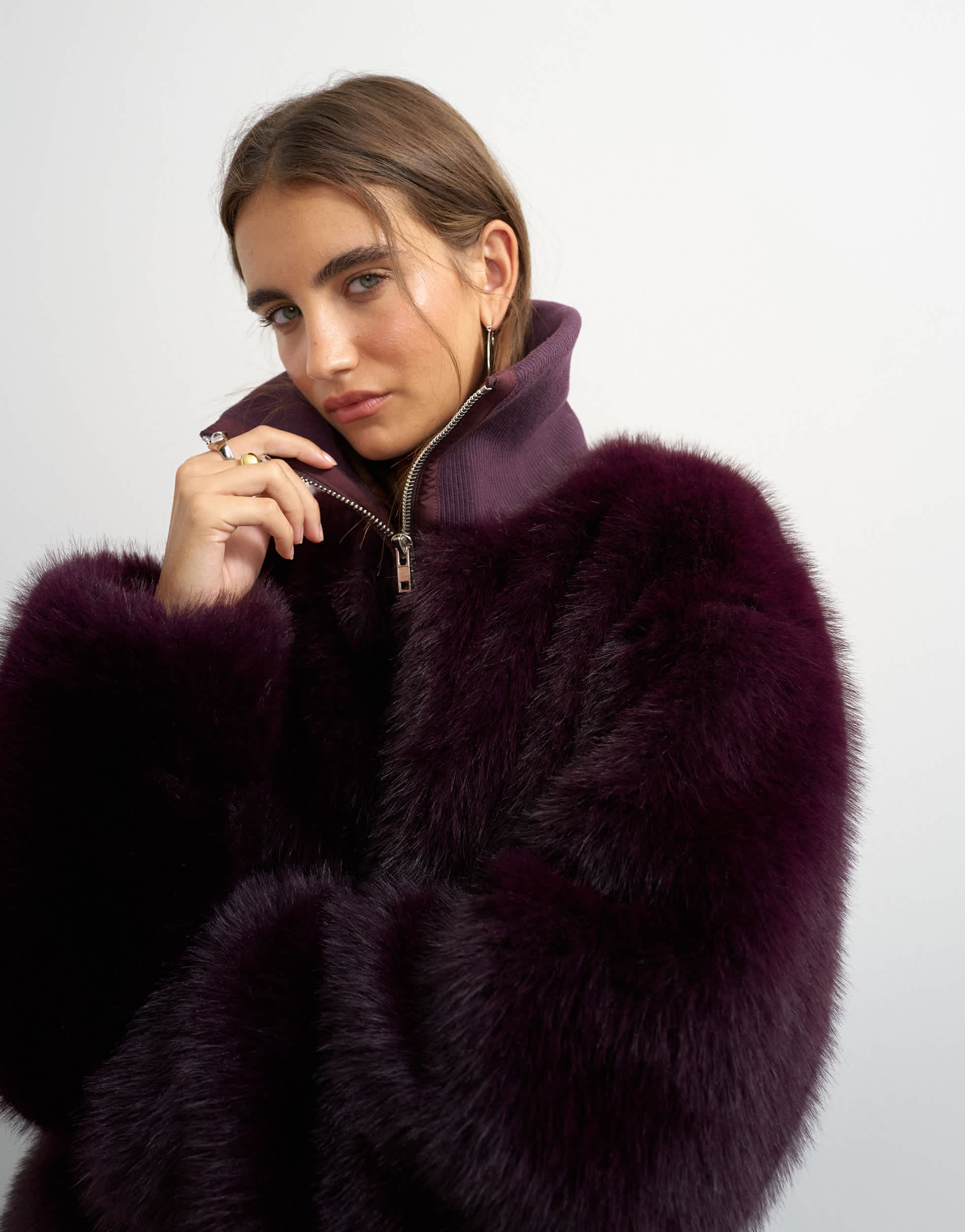 Topshop faux fur funnel neck jacket in aubergine