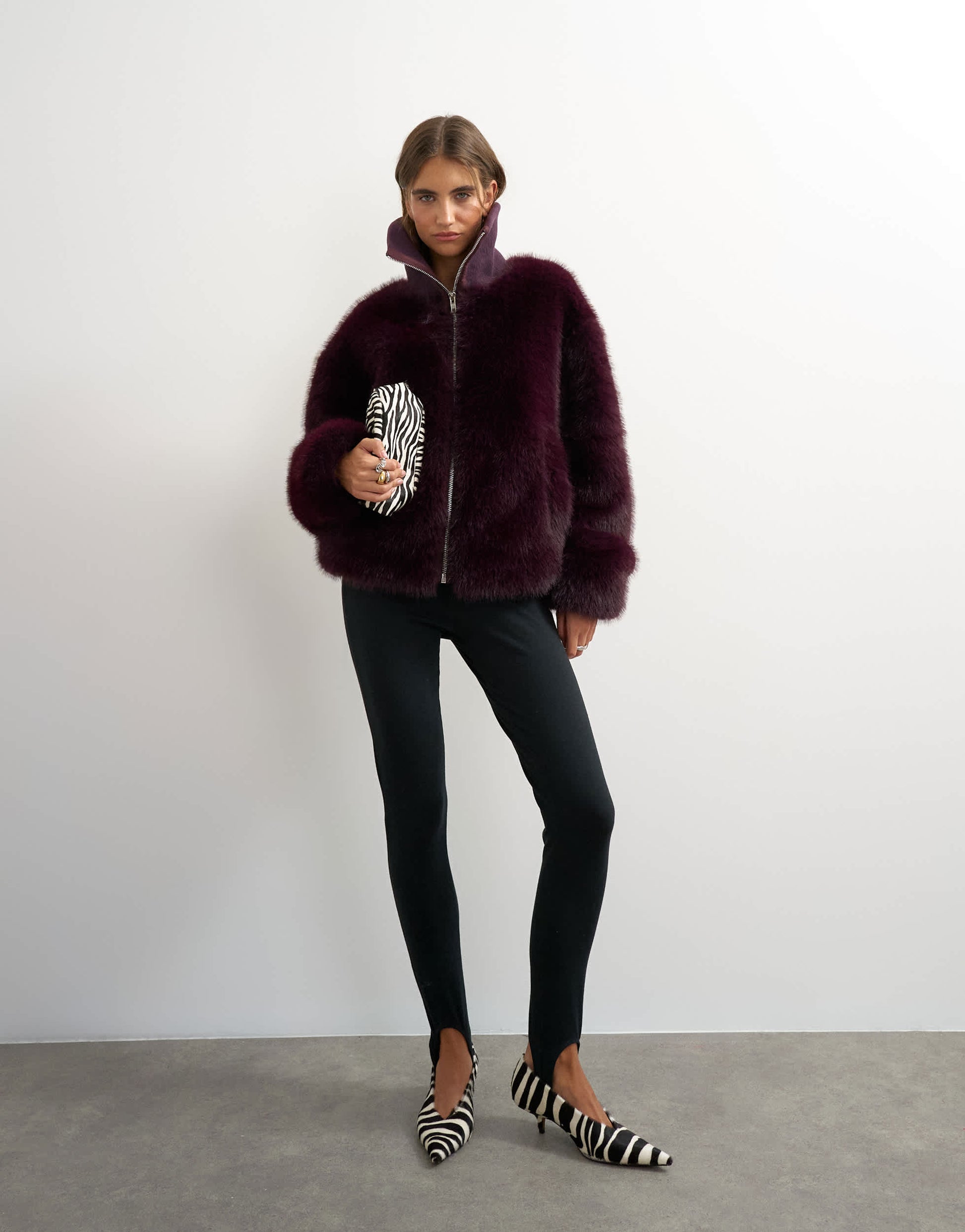 Topshop faux fur funnel neck jacket in aubergine
