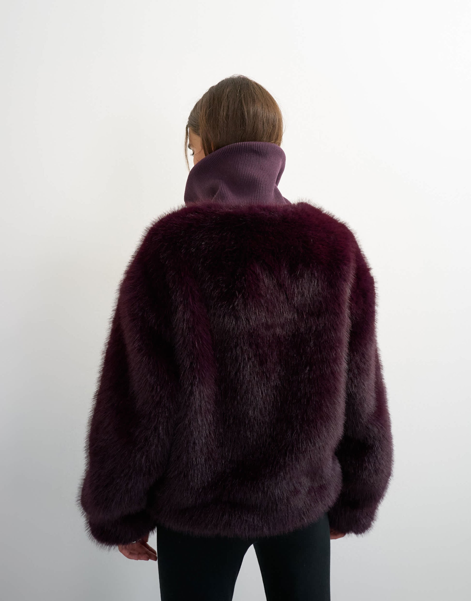 Topshop faux fur funnel neck jacket in aubergine
