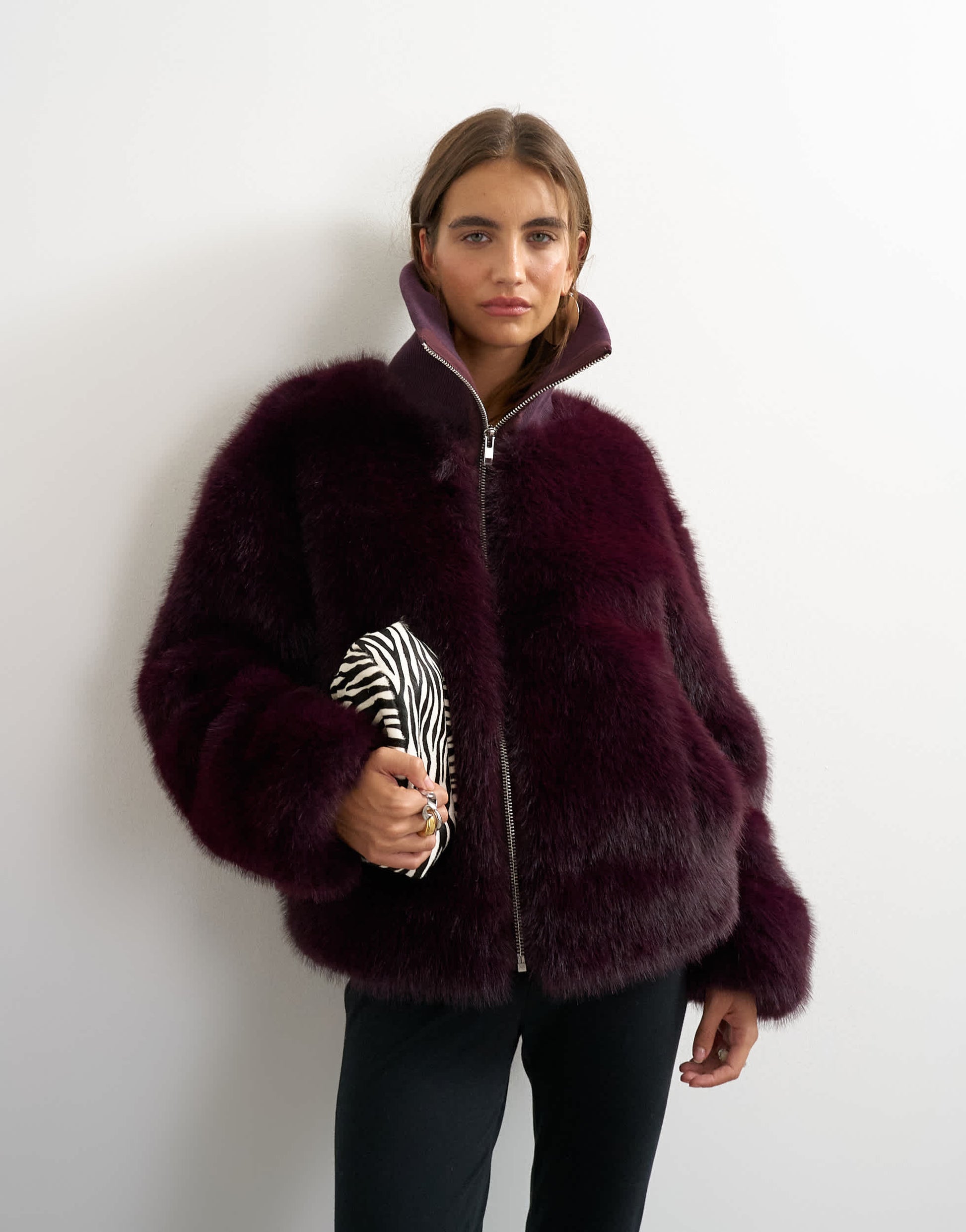 Topshop faux fur funnel neck jacket in aubergine