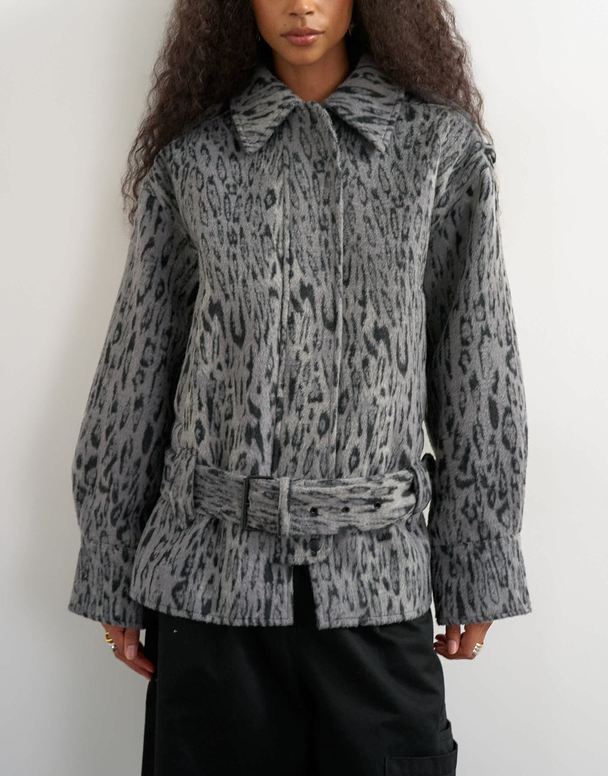 Topshop animal printed wool blend belted jacket