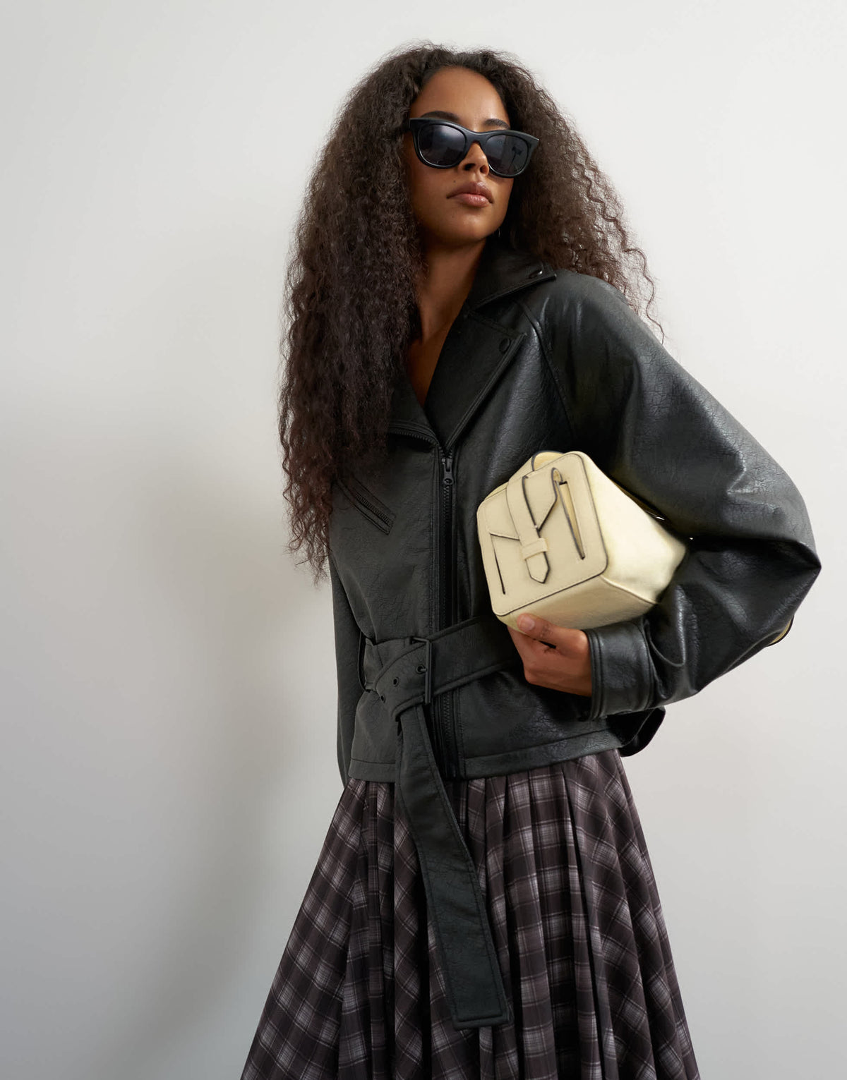 Topshop faux leather biker in black