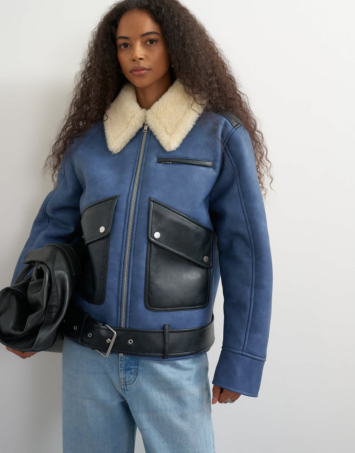 Topshop shearling belted biker jacket in blue