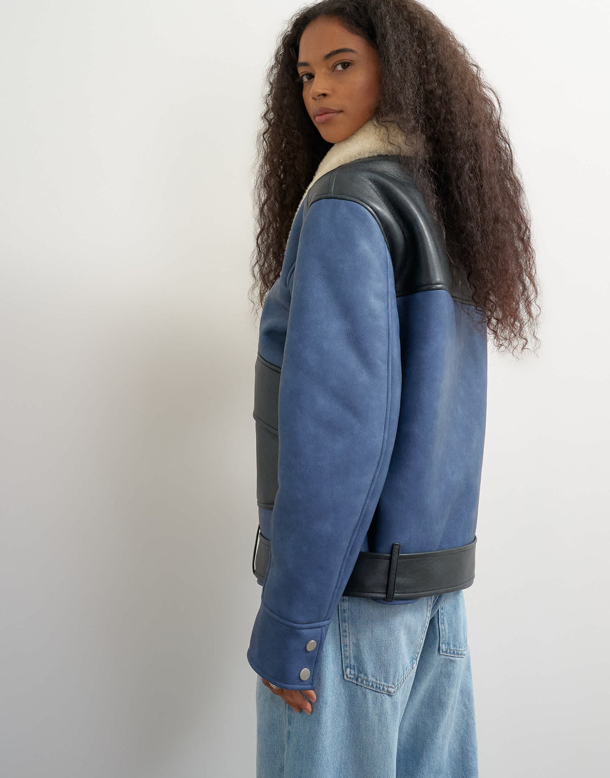 Topshop shearling belted biker jacket in blue