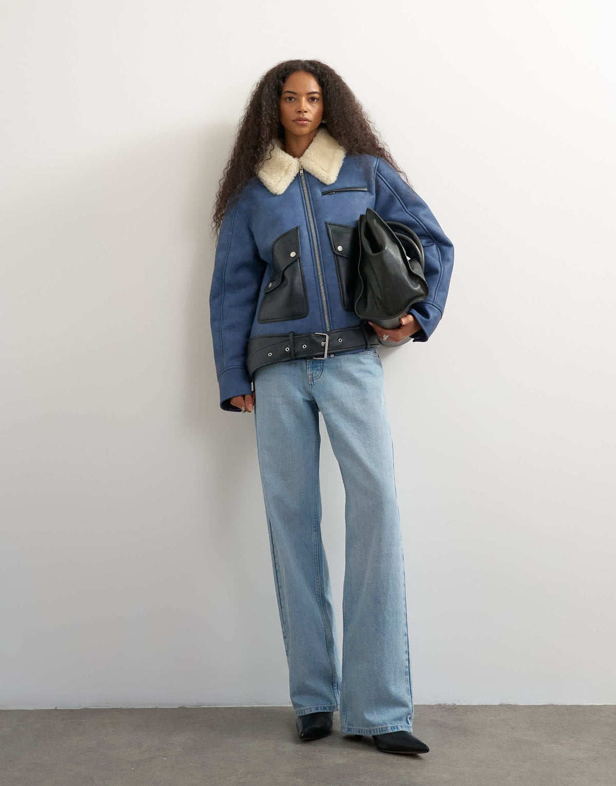 Topshop shearling belted biker jacket in blue