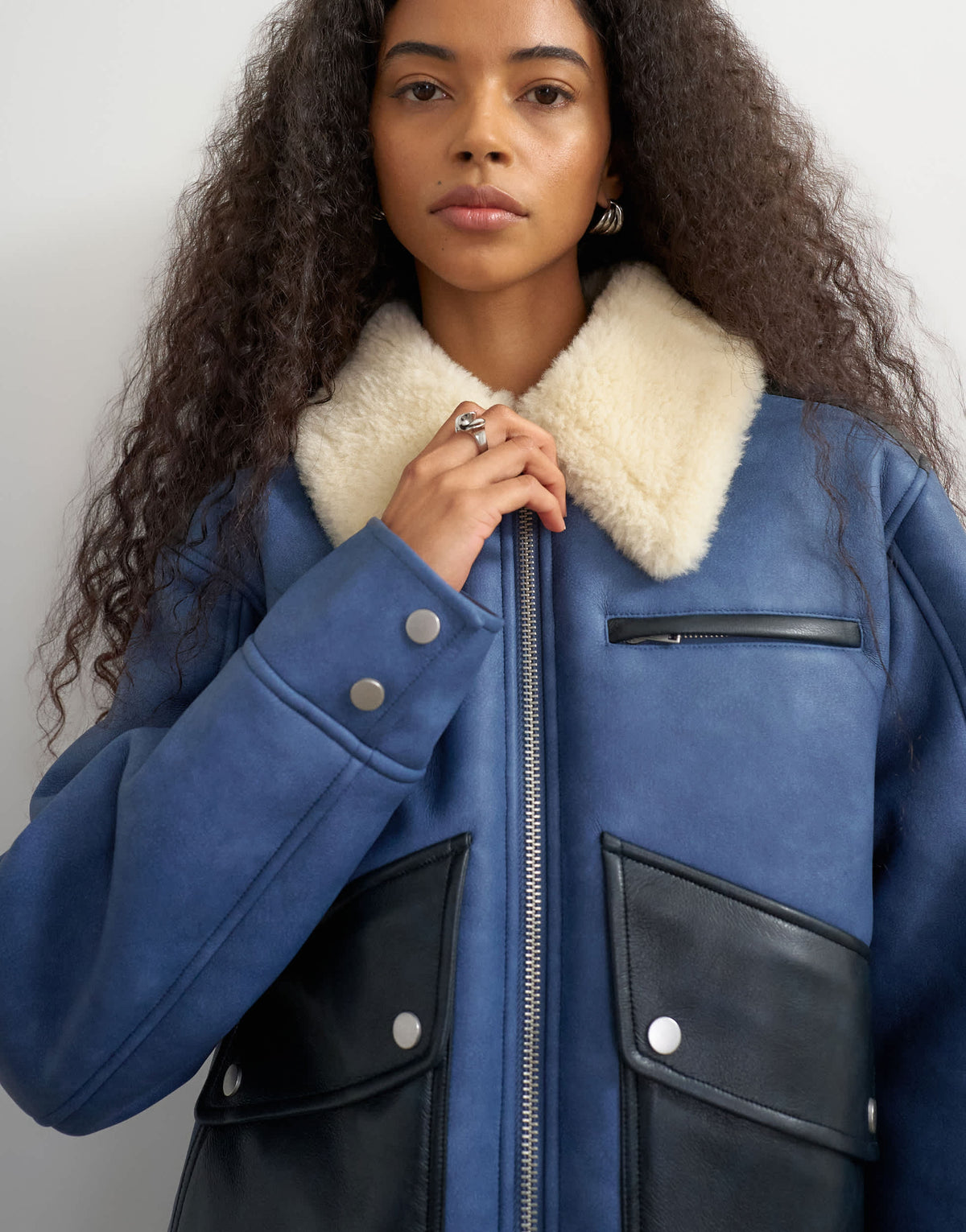 Topshop shearling belted biker jacket in blue