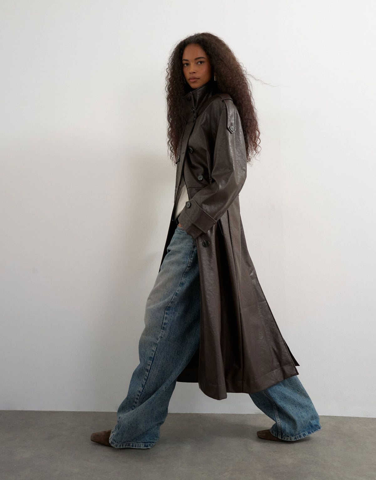 Topshop faux leather longline cinch waist trench coat in brown