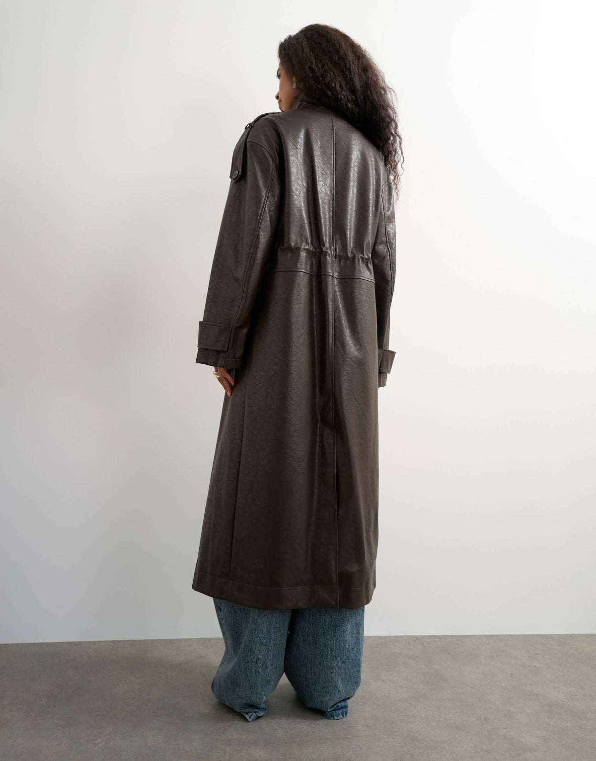 Topshop faux leather longline cinch waist trench coat in brown