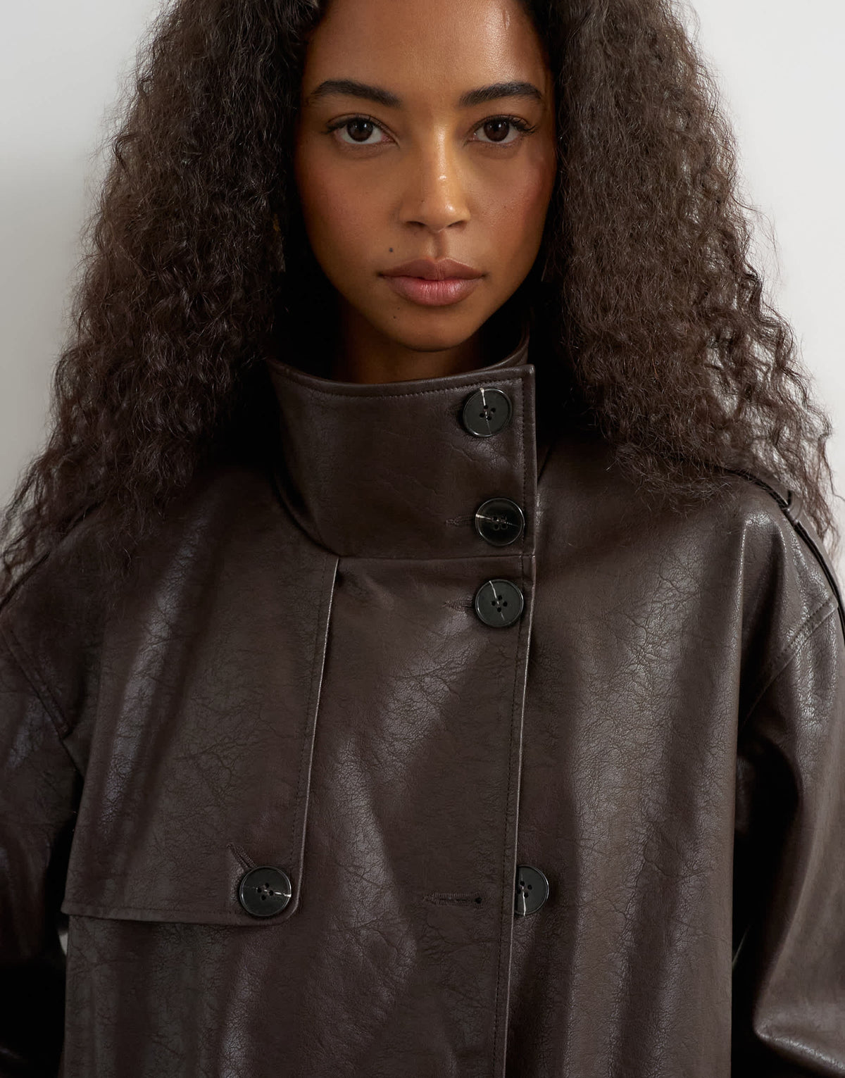 Topshop faux leather longline cinch waist trench coat in brown